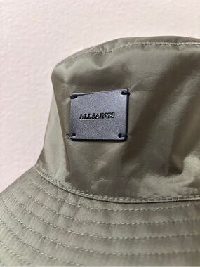 All Saints Bucket Hat Olive Light Weight with Leather Logo Patch